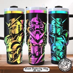 May include: Three black 40oz tumblers with iridescent laser-engraved robot head graphics. The designs feature various mechanical helmet styles in yellow, pink, and blue gradients. A circular logo with a duck and the text Fancy Duck Digital Downloads is visible.