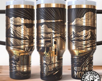 May include: Black and gold insulated tumbler featuring a detailed illustration of a semi-truck driving on a highway, with mountains and clouds in the background. The tumbler has a white lid and a gold band. The text "KEEP AMERICA MOVING" is visible.