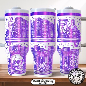 May include: A white and purple tumbler featuring a fantasy theme. The design includes illustrations of books, potions, a skull, and an hourglass. Text includes "Secrets of the Arcane Tower" and "Emergency Spells".