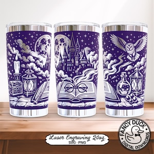 May include: Three purple and white tumblers featuring a laser-engraved design of a castle, a full moon, an open book with glasses, a wand, a flying owl, lanterns, and a potion bottle. The text on the bottom label reads Laser Engraving 20oz. SVG PNG.