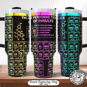 May include: A black tumbler featuring a colourful periodic table design titled The Periodic Table of Insults. The graphic includes chemical structures, various insult abbreviations, and categories like Toxic Elements and Unstable Compounds in vibrant neon hues.