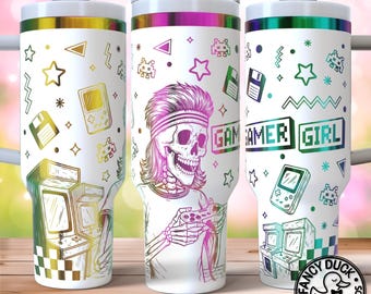 Retro Gamer Girl Tumbler Wrap SVG, Funny Skeleton Laser Engraving File 40oz