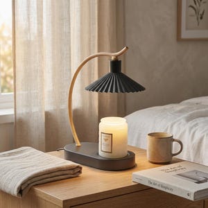 Può includere: Una lampada scaldacandela con paralume plissettato nero opaco, braccio curvo in legno chiaro e base ovale nera. Una candela bianca in barattolo di vetro poggia sulla base, emettendo una luce calda. La lampada è progettata per sciogliere la cera.