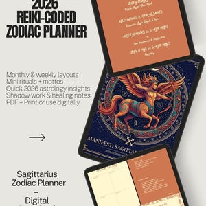 Könnte beinhalten: Ein digitaler 2026 Reiki-codierter Tierkreisplaner mit monatlichen und wöchentlichen Layouts, Mini-Ritualen und astrologischen Einblicken. Der Planer zeigt ein Schütze-Design und ist digital verfügbar.