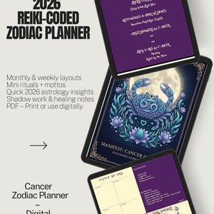 以下が含まれることがあります： 2026年、蟹座のレイキコード化されたゾディアックプランナーのデジタルダウンロード。プランナーは、月間および週間のレイアウト、ミニ儀式、占星術の洞察、シャドウワークノートを備えています。表紙には青いカニのイラストが描かれています。