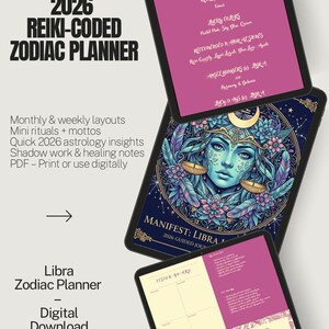 以下が含まれることがあります： デジタル2026年レイキコード化されたゾディアックプランナー、天秤座テーマ。プランナーは、三日月冠をかぶった女性の天体のイラストを特徴としています。月間および週間レイアウト、ミニ儀式、占星術の洞察、シャドウワークノートが含まれています。デジタルダウンロード。
