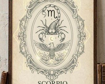 Scorpio Zodiac Wall Art Printable, Dark Feminine Astrology Poster, Mystical Decor, Digital Download