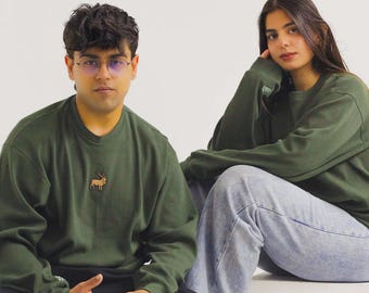 Markhor Embroidered Crewneck Sweatshirt | Pakistani Cultural Streetwear, Forest Green Hoodie