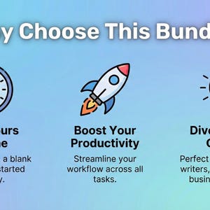May include: Image with the text "Why Choose This Bundle?" and icons of a clock, rocket, and lightbulb. The text promotes saving time, boosting productivity, and diverse use cases.