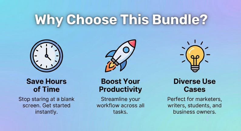 May include: Image with the text "Why Choose This Bundle?" and icons of a clock, rocket, and lightbulb. The text promotes saving time, boosting productivity, and diverse use cases.