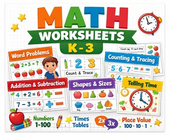 K-3 Math Worksheets Bundle | Addition, Subtraction, Time, Shapes (Printable PDF)