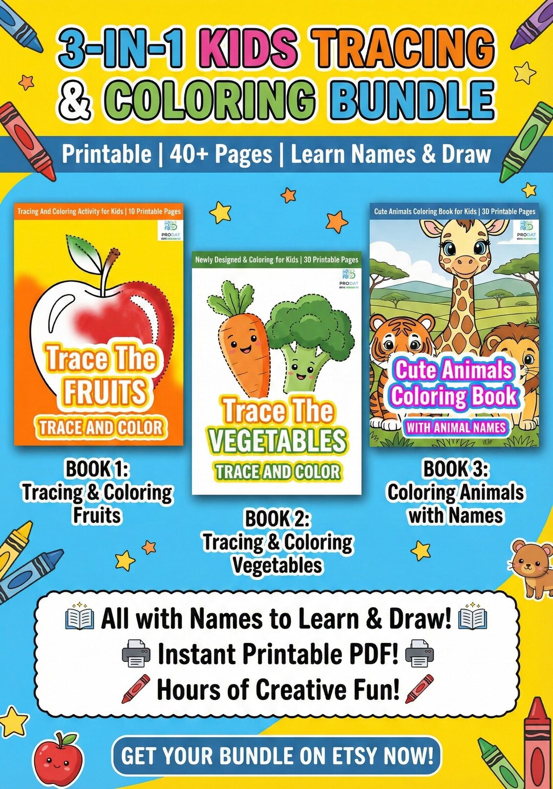 Trace and Color Fruits Vegetables Animals Bundle - Etsy