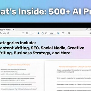 May include: A tablet screen shows "What's Inside: 500+ AI Prompts." Categories include Content Writing, SEO, Social Media, Creative Writing, and Business Strategy. The tablet is set against a gradient background of blue and purple.