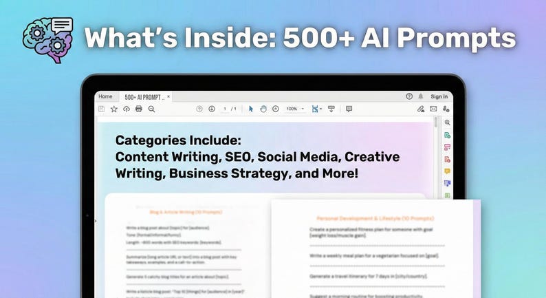 May include: A tablet screen shows "What's Inside: 500+ AI Prompts." Categories include Content Writing, SEO, Social Media, Creative Writing, and Business Strategy. The tablet is set against a gradient background of blue and purple.