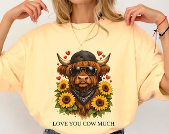 Sunflowers Highland Cow Shirt, Highland Cow Sweatshirt & Hoodie, Funny Scottish Cow Shirt for Valentine's Day, Flower Highland Cow Tank Top