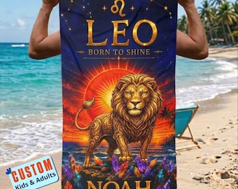 Personalized Leo Beach Towel, Custom Zodiac Towel for Adults and Kids, Leo Birthday Gift, Astrology Beach Towel, Tea Towel, Custom Name Gift