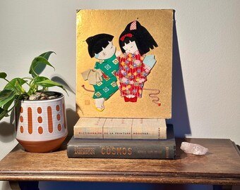 Art mural japonais vintage Oshie en tissu de soie 3D représentant 2 enfants en kimono