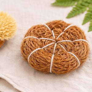 May include: A natural brown dish scrub and a wooden handled brush with a light yellow brush head rest on a beige cloth. The scrub is round and tied with white string. A green fern leaf is in the background.