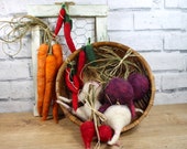 Needle felted garden veggies, bowl fillers or kitchen decor, carrot bunch, beet, turnips, peppers, radish, felt food, vegetable garden
