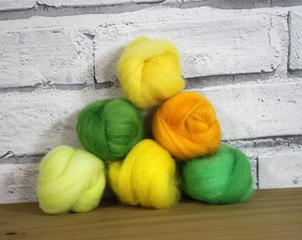 Wooly Buns wool roving in Daffodils, wool assortment, 6 piece hand dyed fiber, needle felting supplies in, 1.5 oz ombre, graduated yellow