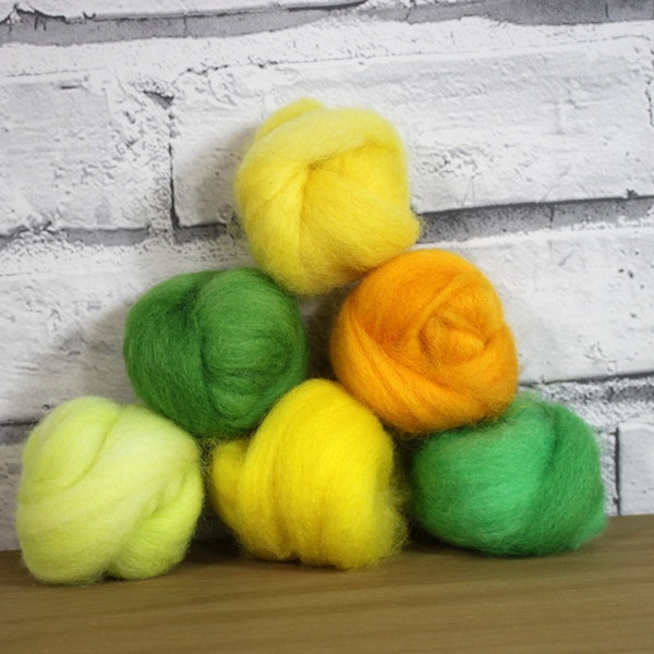 Mèche de laine Wooly Buns en jonquilles, assortiment de laine, fibre teinte à la main 6 pièces, fournitures pour le feutrage à l'aiguille, ombre de 1,5 oz, dégradé jaune