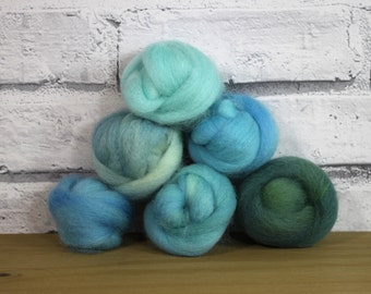 Wooly Buns in Seafoam, wool roving assortment, 6 piece hand dyed fiber, needle felting supplies, 1.5 oz ombre, blue graduated shades