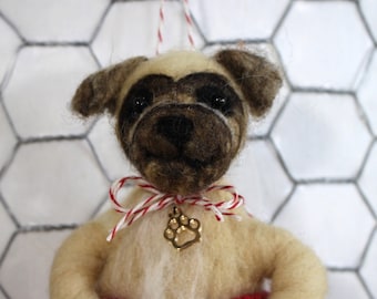 Needle felted pug puppy ornament, pup in wool heart, heart ornament, Pet Pocket ornament by Curly Furr, custom dog ornament, ready to mail