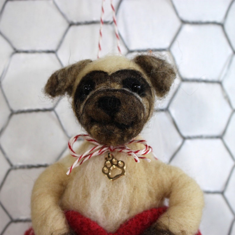 Needle felted pug puppy ornament, pup in wool heart, heart ornament, Pet Pocket ornament by Curly Furr, custom dog ornament, ready to mail image 1