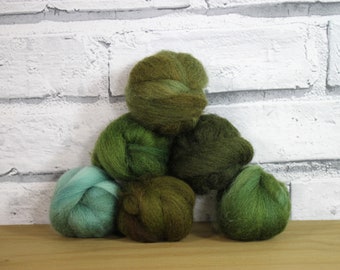 Wooly Buns roving in Pine Forest, fiber sampler, assortment, needle felt supplies in, 1.5 oz 6 piece wool roving collection, green shades