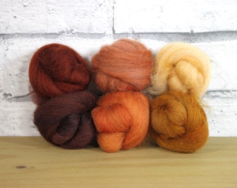 Wooly Buns roving in Ginger, fiber sampler, assortment, needle felting supplies, 1.5 oz 6 piece roving collection, rust ombre shade