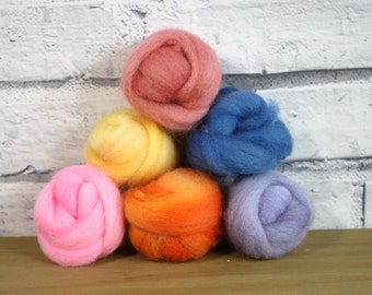 Wooly Buns wool roving in Sunrise, assortment, 6 piece hand dyed fiber, needle felting supplies in 1.5 oz ombre, graduated orange and yellow