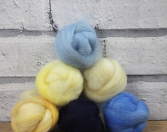 Wooly Buns wool roving assortment in Clear Skies, 6 piece hand dyed fiber, needle felting supplies, 1.5 oz ombre, graduated wool top, felt