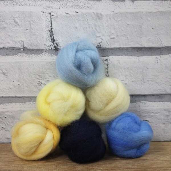 Assortiment itinérant de laine Wooly Buns dans Clear Skies, fibre teinte à la main de 6 pièces, fournitures de feutrage à l’aiguille, ombre de 1,5 oz, dessus en laine graduée, feutre