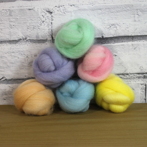 Wooly Buns in Baby Blanket, wool roving assortment, 6 piece hand dyed sampler, needle felting supplies, 1.5 oz, mint,pink blue pastel shades