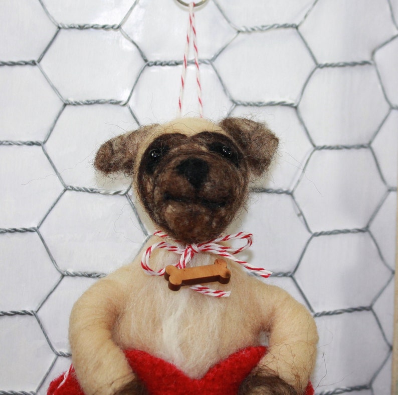 Needle felted pug puppy ornament, pup in wool heart, heart ornament, Pet Pocket ornament by Curly Furr, custom dog ornament, ready to mail image 2