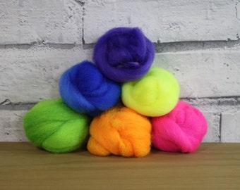 Wooly Buns in Highlighter, wool roving assortment, 6 pieces of hand dyed needle felting supplies, bright shades, ombre, graduated