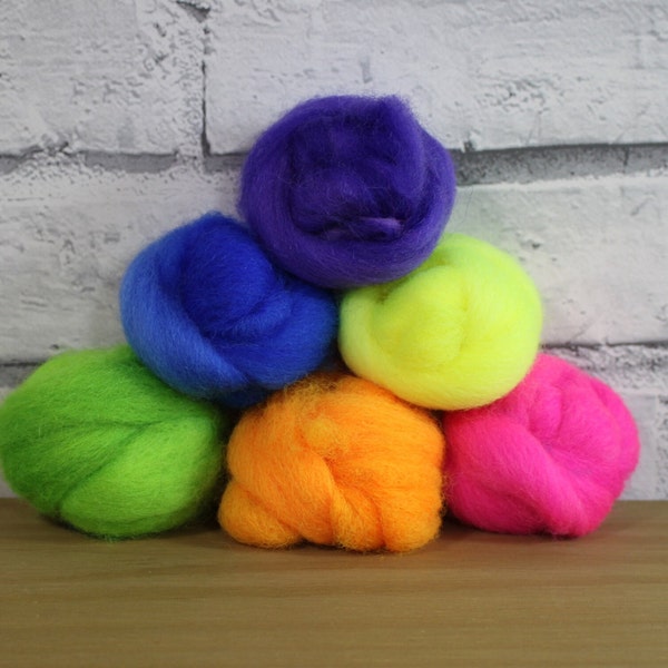 Wooly Buns in Highlighter, wool roving assortment, 6 pieces of hand dyed needle felting supplies, bright shades, ombre, graduated