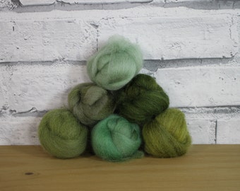 Wooly Buns roving in Mossy Knoll, fiber sampler, assortment, needle felt supplies 1.5 oz 6 piece wool roving collection, green ombre shade