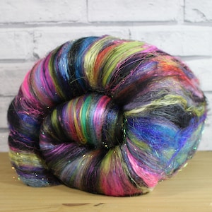 Carded art batt in Psycho Unicorn. fiber for spinning and needle felting, Wooly Batts supplies, spin your own merino yarn, rainbow wool