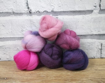 Wooly Buns wool roving assortment in Orchid, 6 piece hand dyed fiber, needle felting supplies, 1.5 oz pink purple and plum ombre, graduated