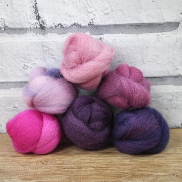 Assortiment itinérant de laine Wooly Buns en orchidée, fibre teinte à la main de 6 pièces, fournitures de feutrage à l’aiguille, violet rose de 1,5 oz et ombre prune, gradué