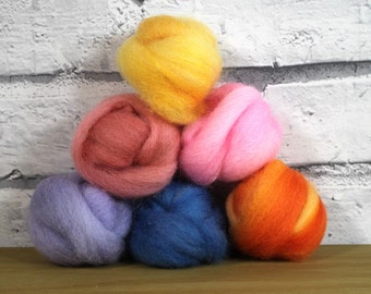 Wooly Buns wool roving assortment in Sunset, 6 piece hand dyed sampler, needle felting supplies, 1.5 oz, bold shades in pink, blue, 6 pieces
