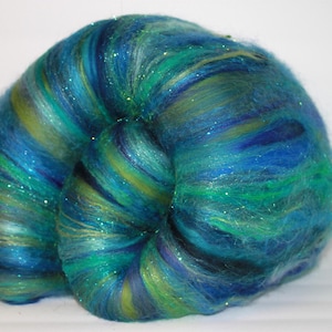 Fiber art batt in Peacock, spin your own yarn, spinning fiber DIY yarn, fiber art batt, felting supplies, blue wool batt, Merino, silk