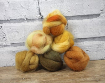 Wooly Buns roving, fiber sampler, gold wool roving assortment, needle felting supplies in Giraffe, 1.5 oz, collection, rust wool colors