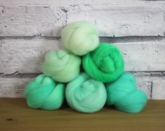 Wooly Buns in Minty Fresh, wool roving assortment, 6 piece hand dyed fiber, needle felting supplies, 1.5 oz ombre, graduated mint shades