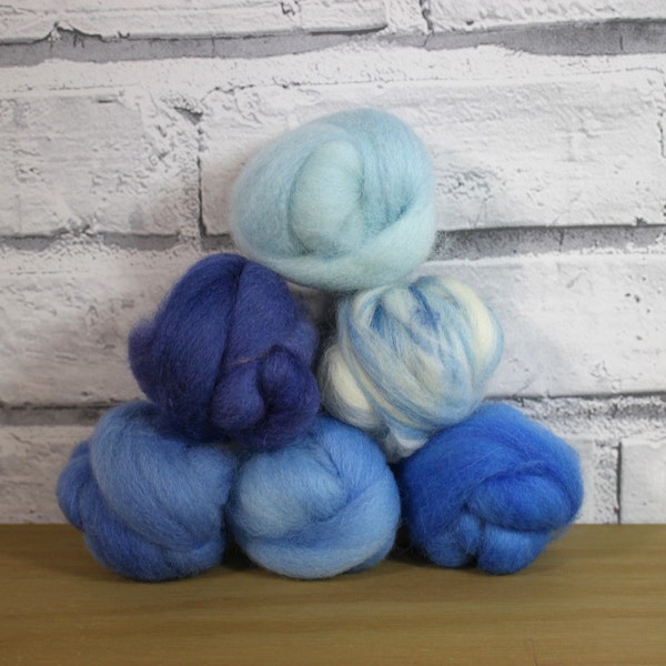 Wooly Buns wool roving in Carolina Skies assortment, 6 piece hand dyed fiber, needle felting supplies, 1.5 oz ombre, graduated wool top