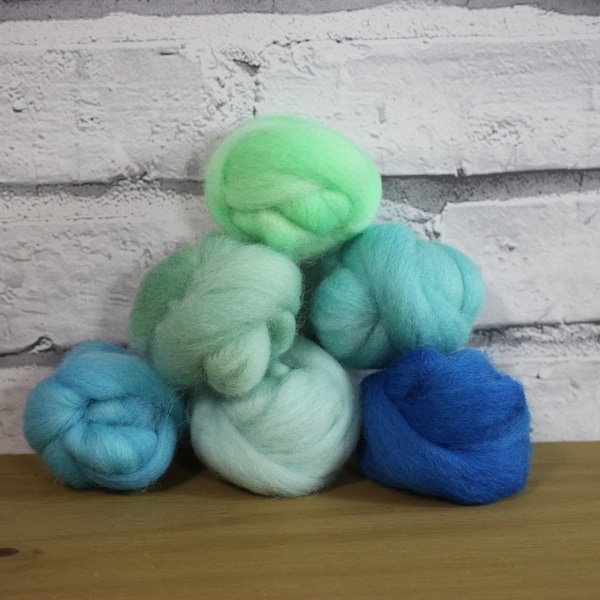 Mèche de laine Wooly Buns, assortiment Cool Water, 6 pièces de fibres teintes à la main, fournitures pour le feutrage à l'aiguille, ombre de 1,5 oz, laine graduée à