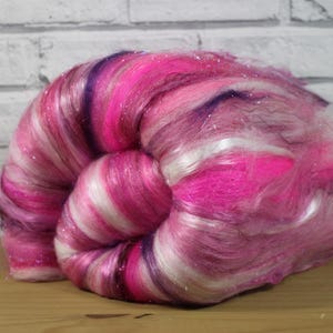 Carded art batt in Raspberry Sparkle, BFL for spinning and needle felting, wet felting supplies, spin your own merino yarn, pink fiber