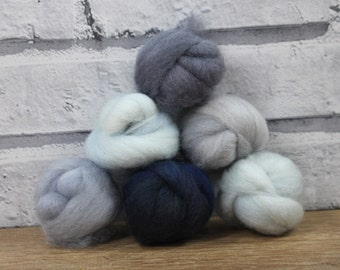 Wooly Buns in Blue Gray, wool roving assortment 6 piece hand dyed fiber, needle felting supplies, 1.5 oz blue gray, graduated wool top