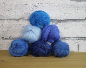 Wooly Buns wool roving in Bluebirds assortment, 6 piece hand dyed fiber, needle felting supplies, 1.5 oz ombre, graduated wool top